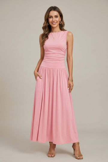 Women's Sleeveless Round Neck Ruched Waist Maxi Dress