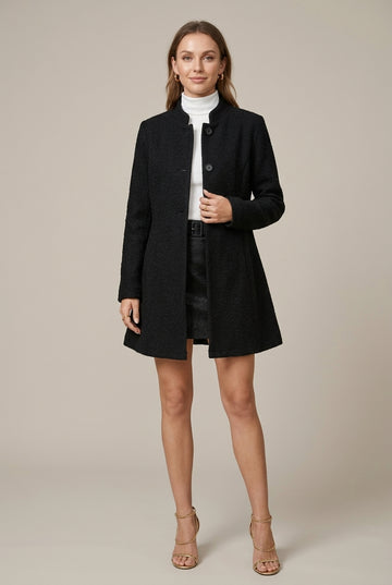 Women’s Stand Collar Single-Breasted Coat - Fitted Waist Flared Hem