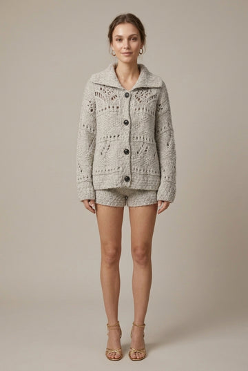 Women's Merino Wool Cable Knit Cardigan Relaxed Fit