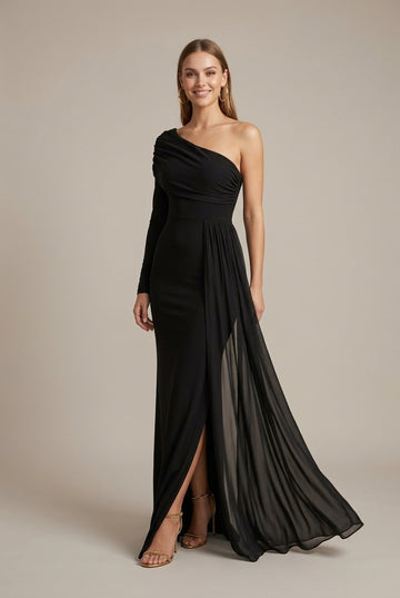 Women's Off Shoulder Long Sleeve Slant Neck Fishtail Maxi Dress - Evening Gown