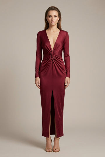 Women's Long Sleeve Deep V-Neck Maxi Dress with Twist Waist and Front Slit