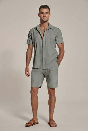 Men's Linen Short Sleeve Shirt and Shorts Two Piece Set