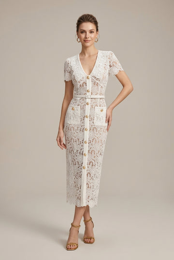 Women's Lace Button-Down V-Neck Short Sleeve Midi Dress