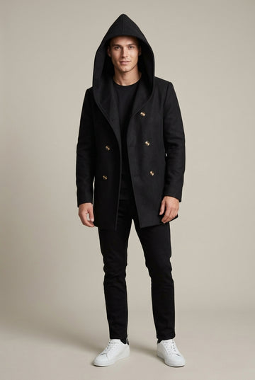 Men's Hooded Double-Breasted Longline Coat with Button Front