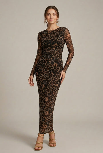 Women's Leopard Animal Print Sheer Long Sleeve Fitted Dress