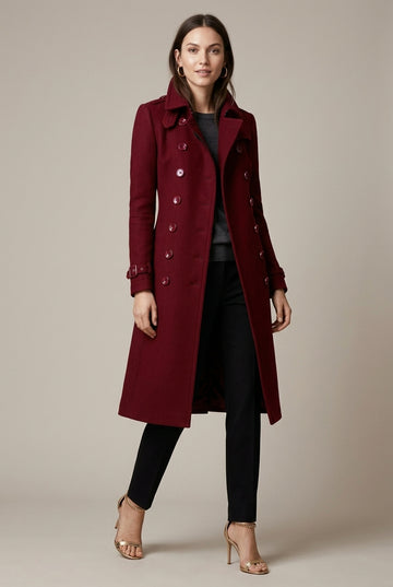 Women's Double-Breasted Longline Coat with Buckle Cuffs