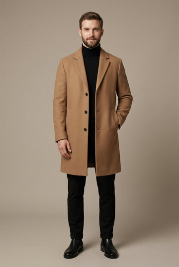 Men’s Three Button Wool Blend Overcoat with Notch Lapels and Side Pockets