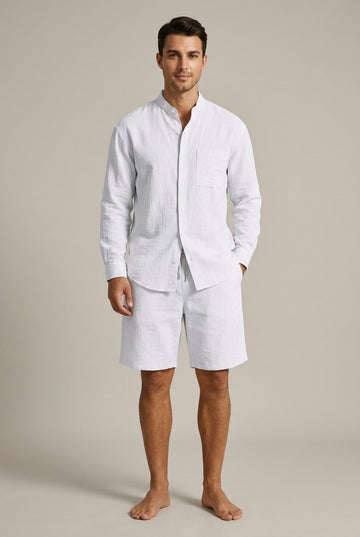 Men's Linen Band Collar Long Sleeve Shirt and Shorts Set