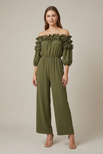 Women’s Off the Shoulder Ruffle Wide Leg Jumpsuit with Balloon Sleeves