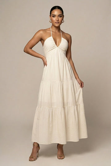 Women's Flowy Halter Neck Maxi Dress - Tiered Ruffle Open Back