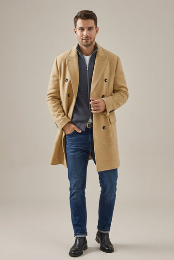 Men’s Double-Breasted Wool Blend Overcoat with Peak Lapels and Flap Pockets