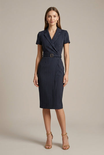 Women's Striped Notched Lapel Belted Pencil Midi Dress