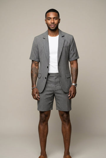 Men's Check Two-Piece Set - Short Sleeve Blazer and Matching Shorts