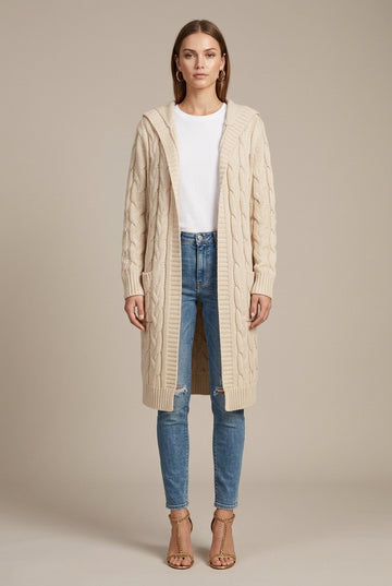 Women's Long Cable Knit Hooded Cardigan with Front Pockets