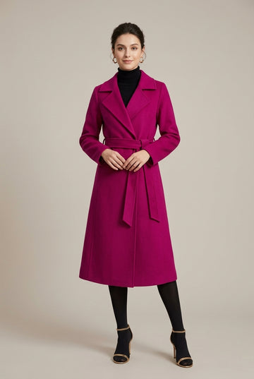 Women's Wool Long Coat Belted Wrap