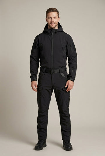 Men's Hooded Softshell Jacket and Trousers Set with Zip Pockets
