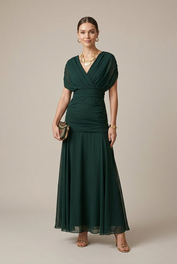 Women's V-Neck Wrap Style Short Sleeve Maxi Dress