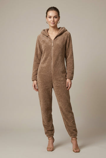 Women's Teddy Onesie Jumpsuit with Bear Ear Hood and Zip Front