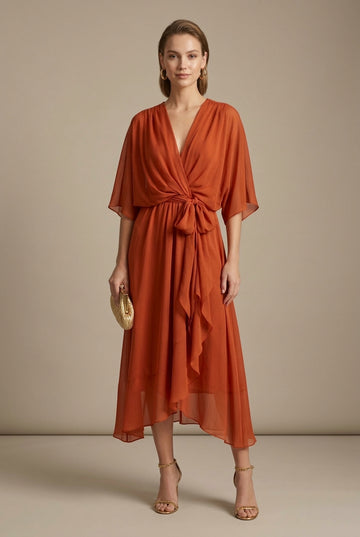 Women's V-Neck Wrap Midi Dress with Tie Waist