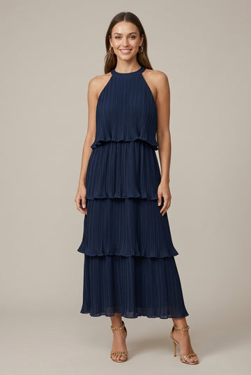 Women's Pleated Halter Neck Tiered Maxi Dress