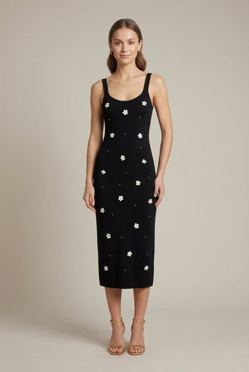 Women's Black Maxi Dress - Square Neck - Crystal Embellished