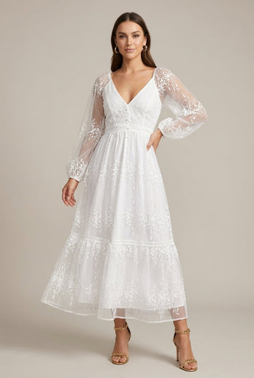 Women's V-Neck Long Sleeve Embroidered Lace Tiered Maxi Dress