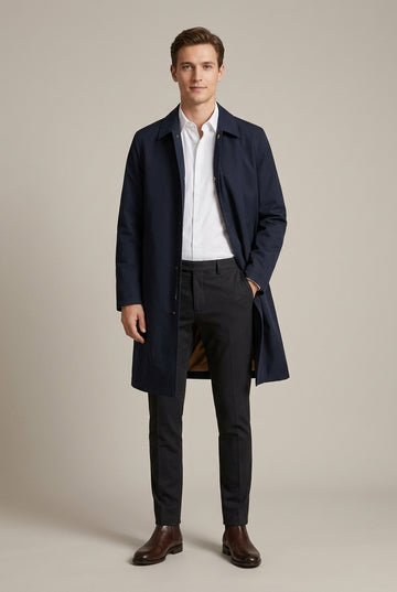 Men's Long Trench Coat with Button Front and Spread Collar