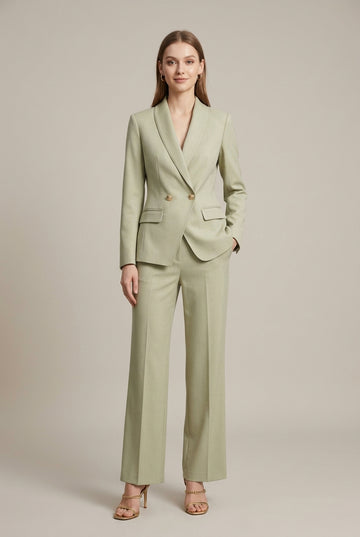 Women's Tailored Shawl Collar Blazer and Straight-Leg Trouser 2 Piece Set - Single-Breasted with Gold-Tone Buttons