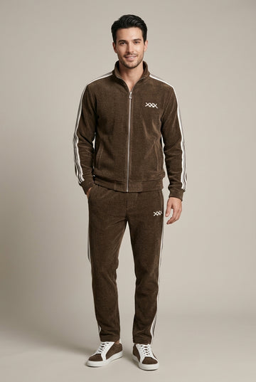 Men's Corduroy Tracksuit Set with Half-Zip Jacket, Stripe Trim and Jogger Pants