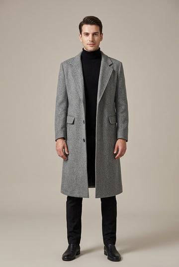 Men’s Longline Single-Breasted Wool Blend Overcoat with Flap Pockets