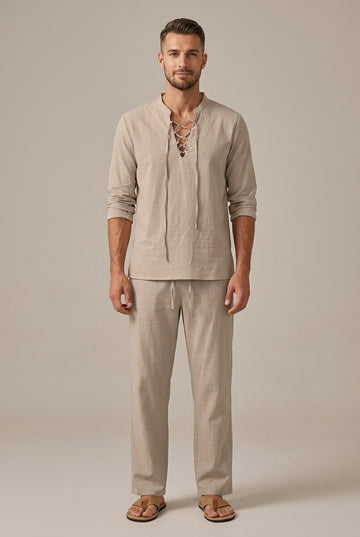 Men's Linen Blend Two Piece Set - Lace-Up V-Neck Long Sleeve