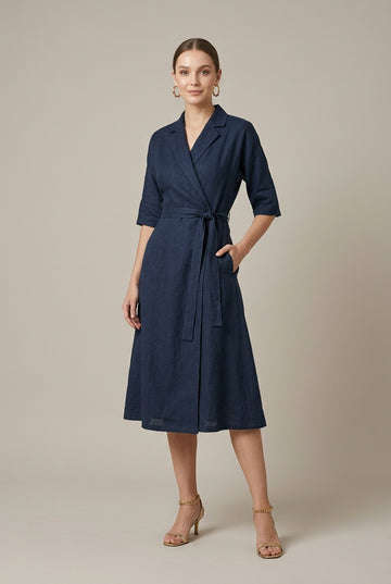 Women's Linen Wrap Midi Dress Belted