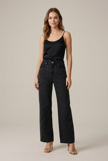 Women's High-Waisted Wide Leg Denim Trousers with Rhinestone Embellishment