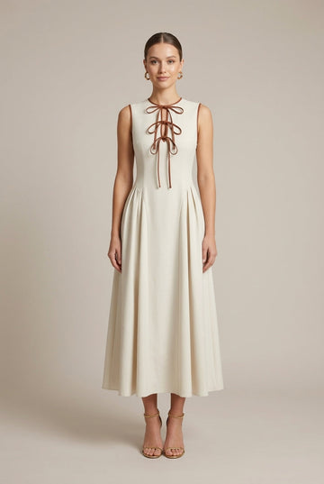 Women's Off White Drop Waist A-Line Maxi Dress - Bow Tie Detail