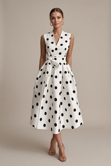 Women's Polka Dot V-Neck Sleeveless Tie Waist Midi Dress