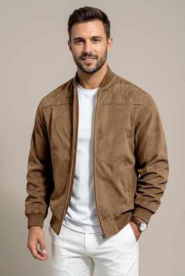Men's Suede Bomber Jacket Zip Closure