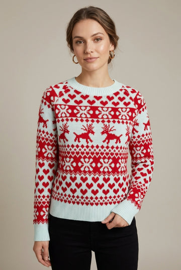 Women's Fair Isle Knit Crew Neck Christmas Sweater with Ribbed Cuffs