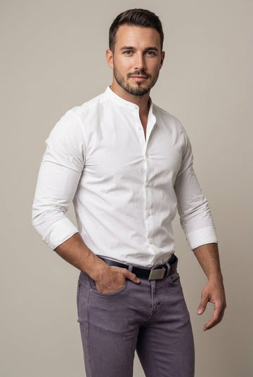 Men's Slim Fit Band Collar Long Sleeve Button-Down Shirt