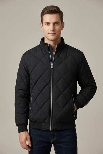 Men's Diamond Quilted Fleece-Lined Jacket with Stand Collar