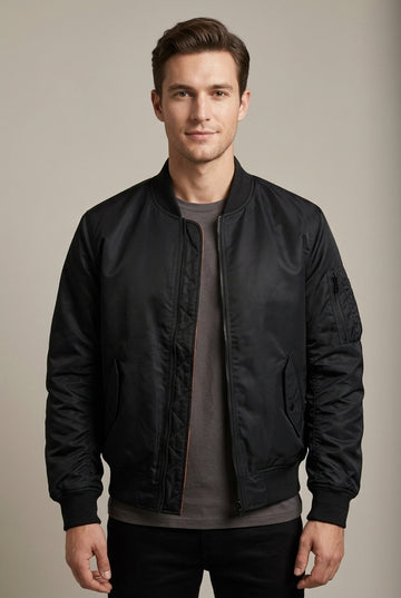 Men’s Bomber Jacket - Thickened Quilted Lining Ribbed Collar Full Zip