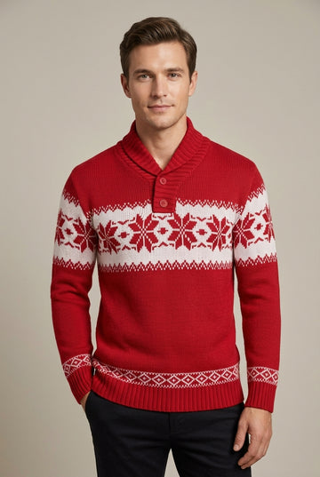 Men's Fair Isle Knit Shawl Collar Sweater with Button Placket