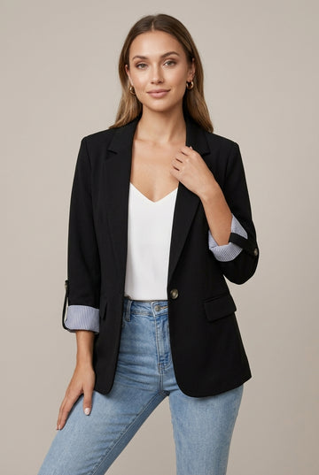 Women’s Single Button Blazer with Notch Lapels and Roll-Tab Sleeves