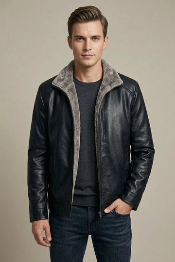 Men's Faux Leather Biker Jacket Fleece-Lined