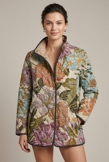 Women's Mock Floral Puffer Jacket - Pockets