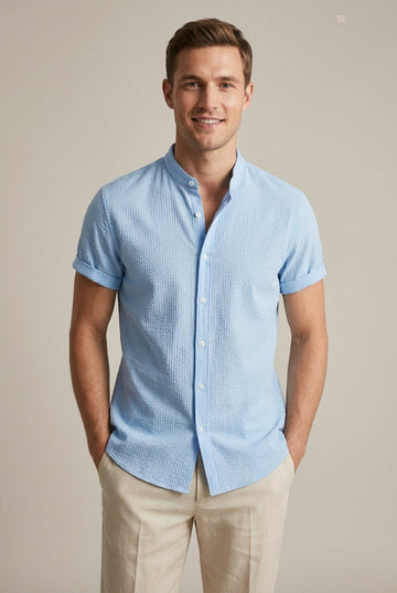 Men's Band Collar Short Sleeve Textured Seersucker Summer Shirt