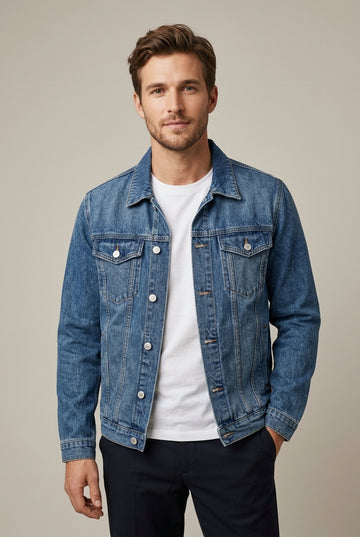 Men's Cotton Blend Denim Jacket with Button-Flap Chest Pockets