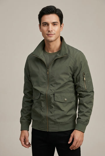 Men's Zip-Up Bomber Jacket with Stand Collar and Flap Pockets