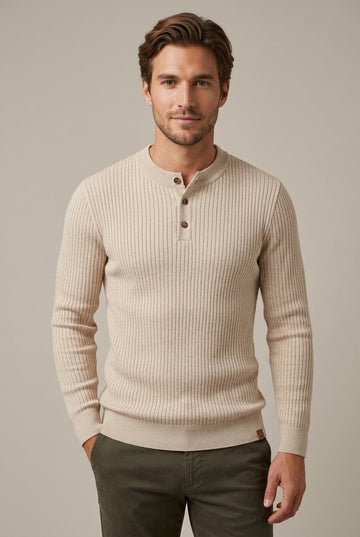 Men's Ribbed Sweater Henley Neck - Long Sleeves