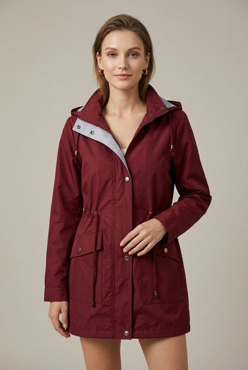Women's Hooded Zip-Up Jacket with Drawstring Waist