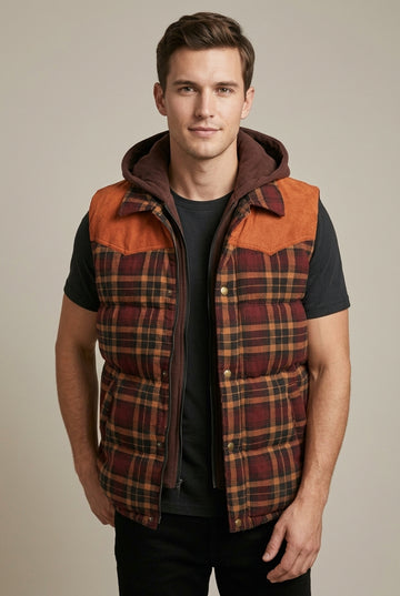 Men's Plaid Hooded Puffer Vest Colour Block